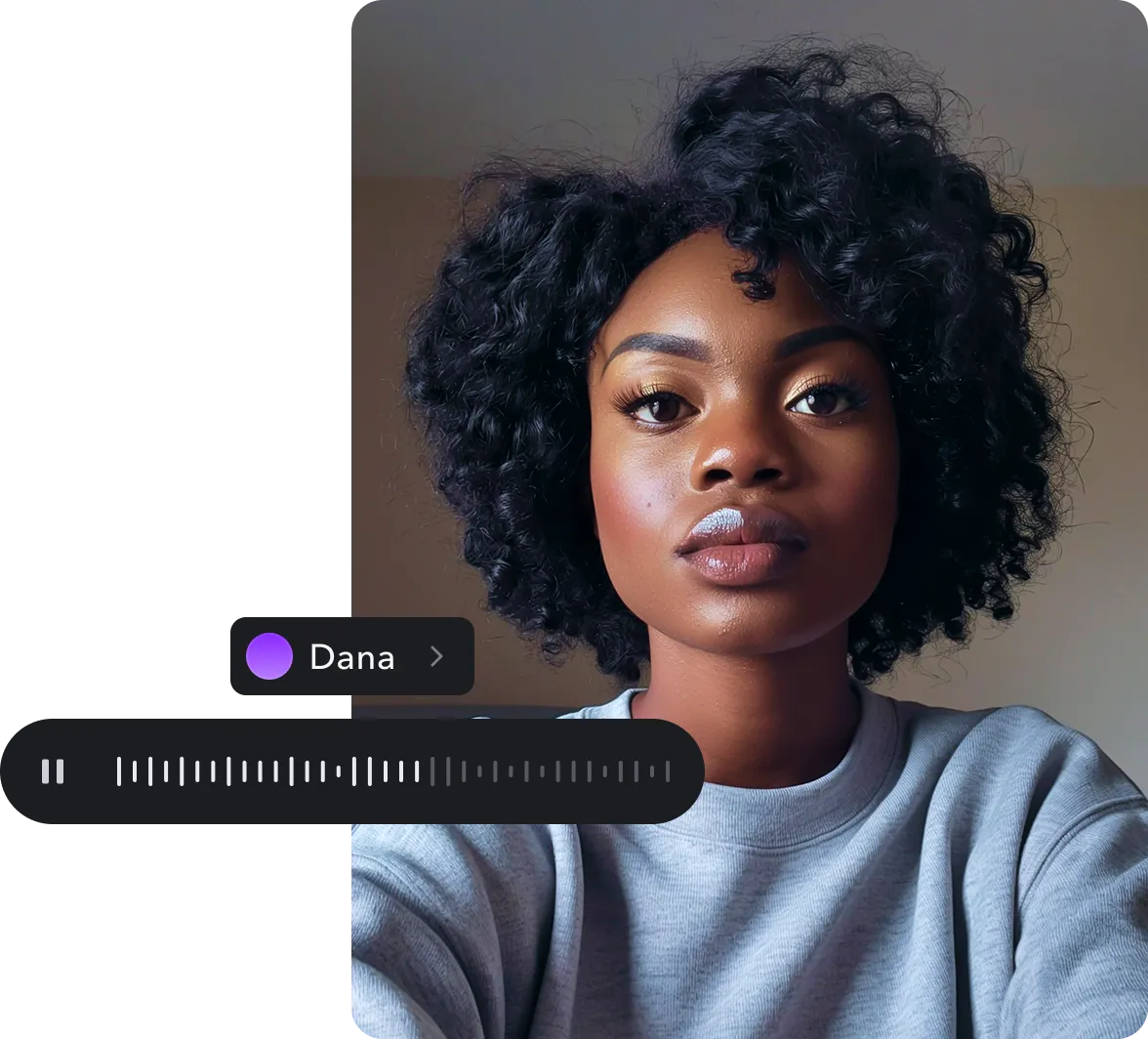 Woman named Dana listening to AI voice playback with a progress bar.