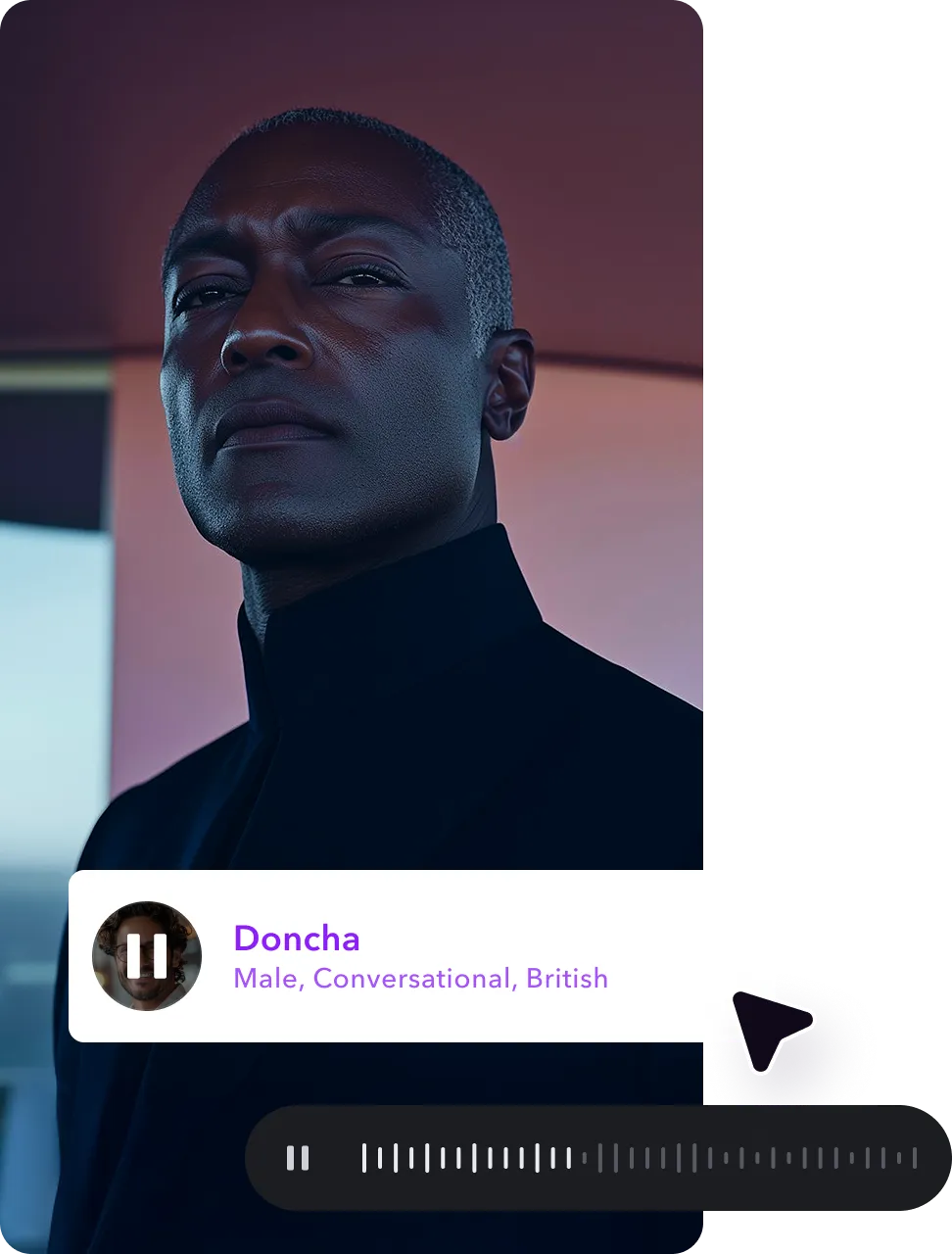 A video interface with a text prompt box and a cursor hovering to generate text-to-speech audio.