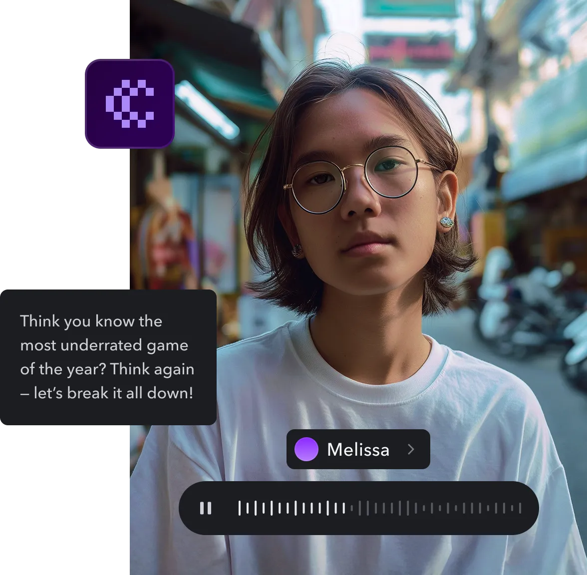 A video frame surrounded by various AI-generated audio clips.