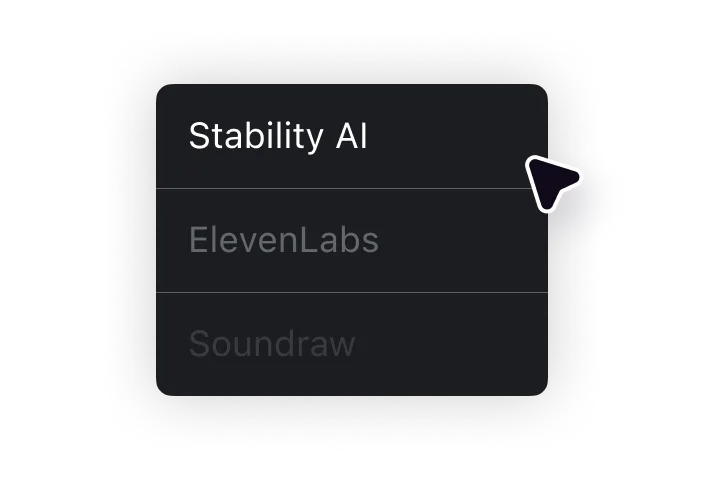 A cursor selecting the Stability AI from a list of AI sound effect generation models.