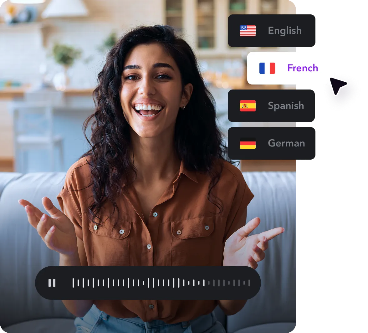 A screenshot of Captions' Flash V2.5 text-to-speech tool with the cursor over the French language option.