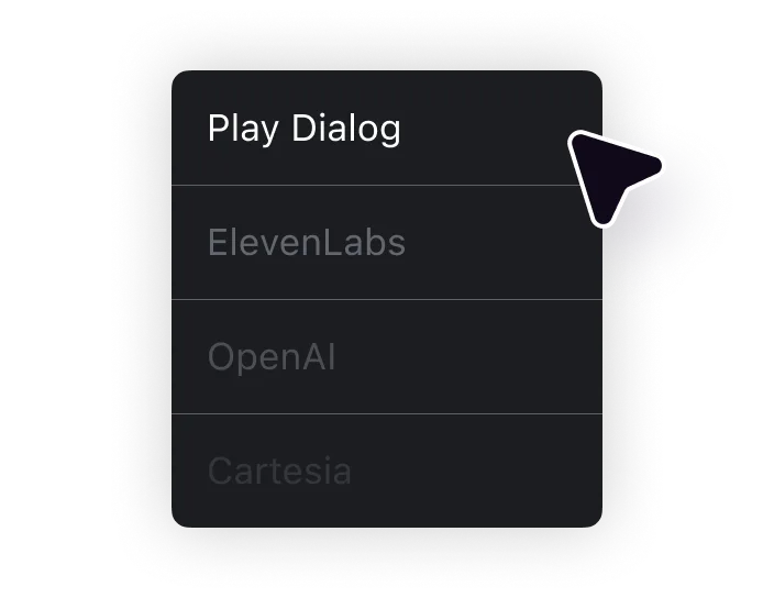 A dropdown menu showing text-to-speech voice providers, with PlayDialog selected.