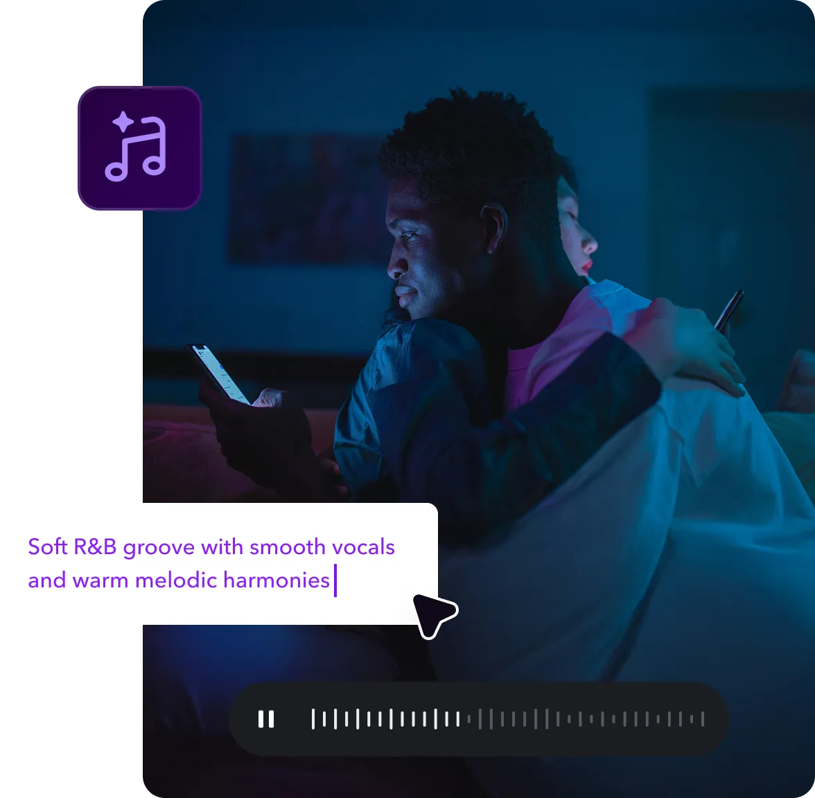 Video frame of a creator’s lyric video with subtitles and audio editing options.