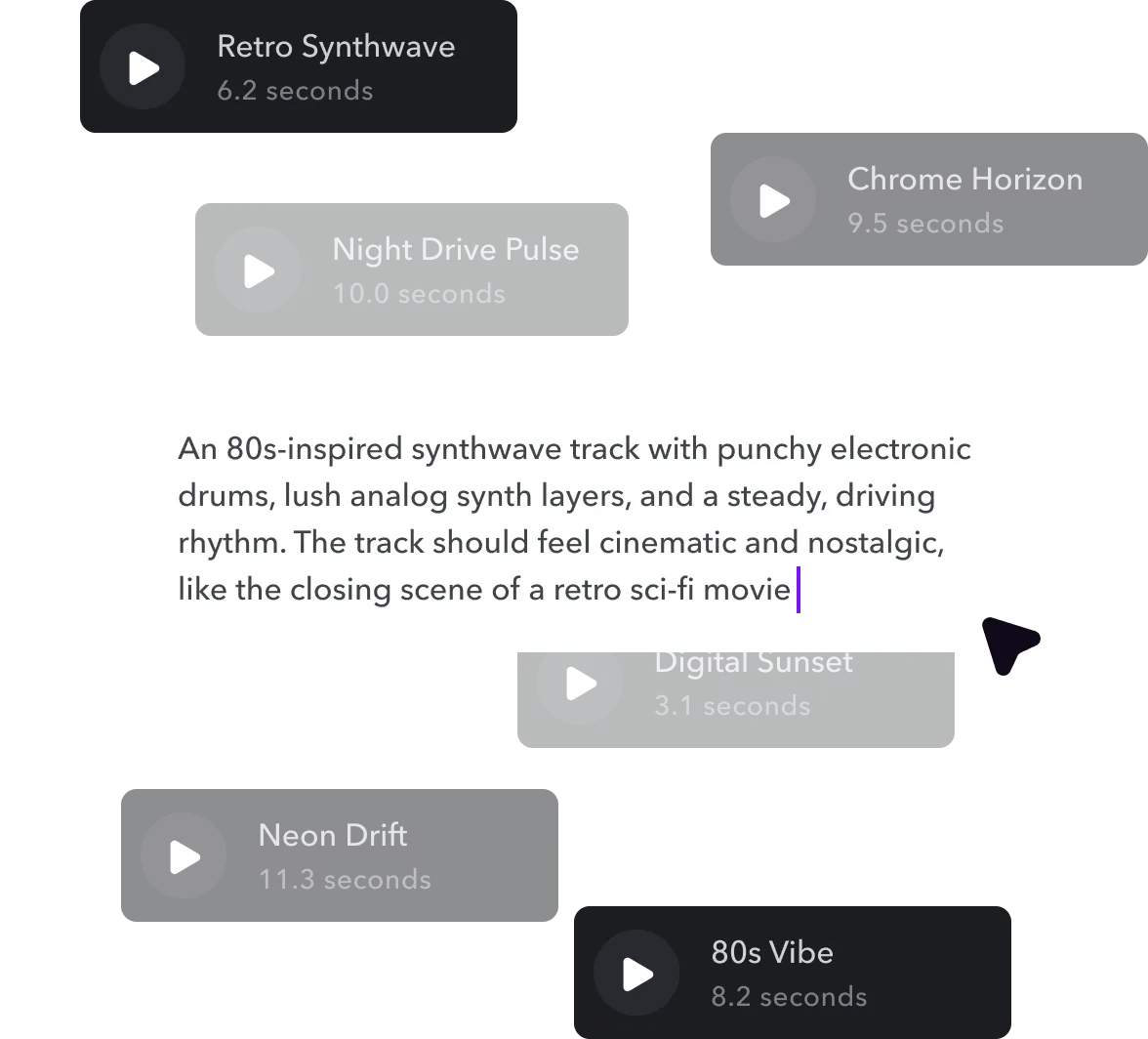 An audio waveform overlaid by a prompt box with text and a “Generate AI Music” button below. 