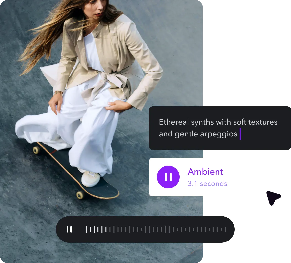 A video overlaid by an audio waveform and a music customization menu. 