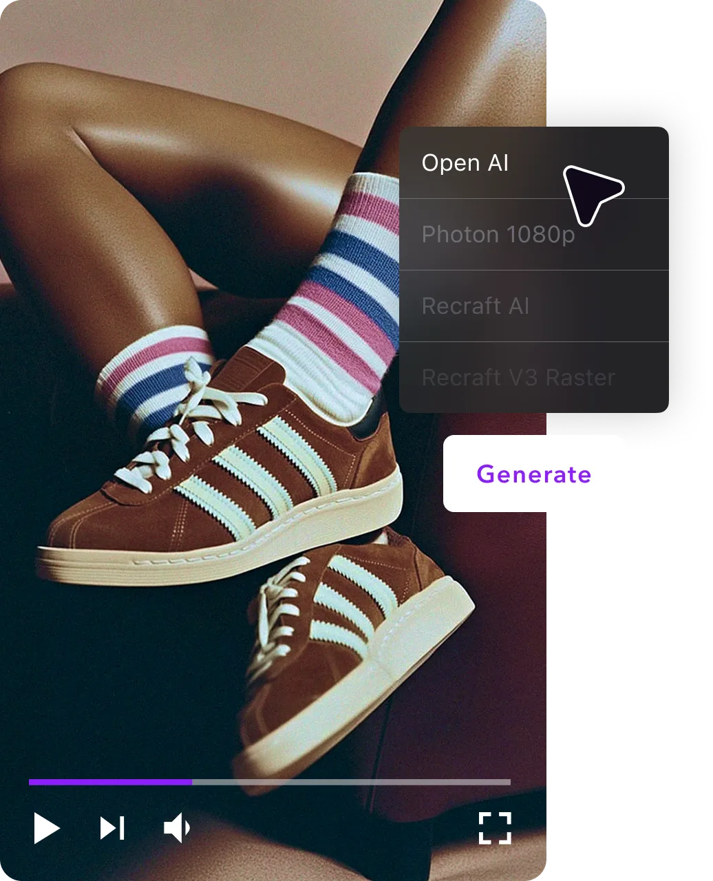 A prompt video script with a cursor hovering over a “generate” button.