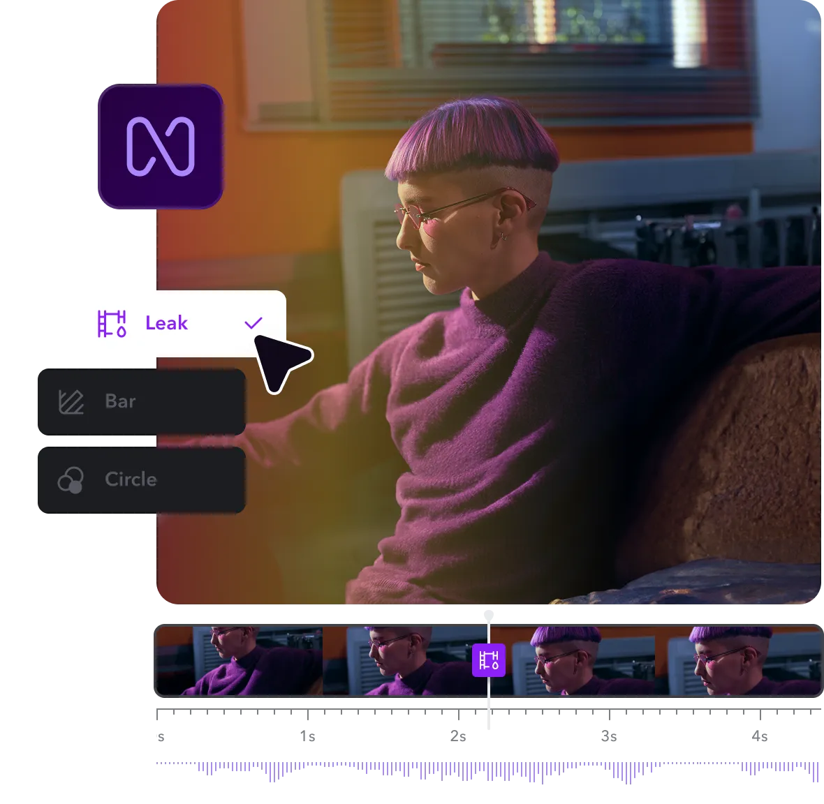 A video editing timeline with a transitions panel open and cursor dragging and dropping a transition effect onto the timeline.