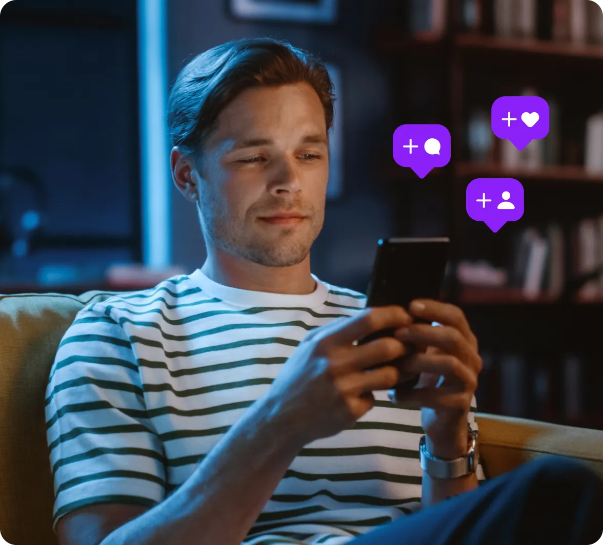 An image of a content creator overlaid by various social media elements.
