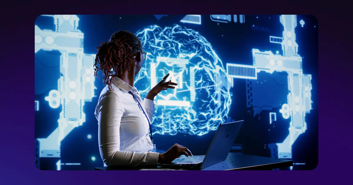 A woman pointing to a futuristic head resembling artificial intelligence.