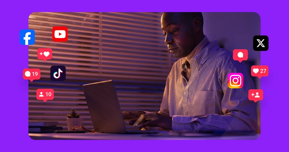 Illustration of “SMO” with business professionals using laptops, social media icons, and analytics elements, representing social media optimization.