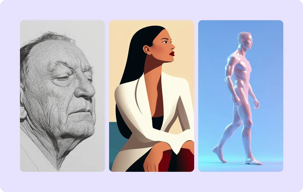 Three AI art-generated images showcasing different art styles. 