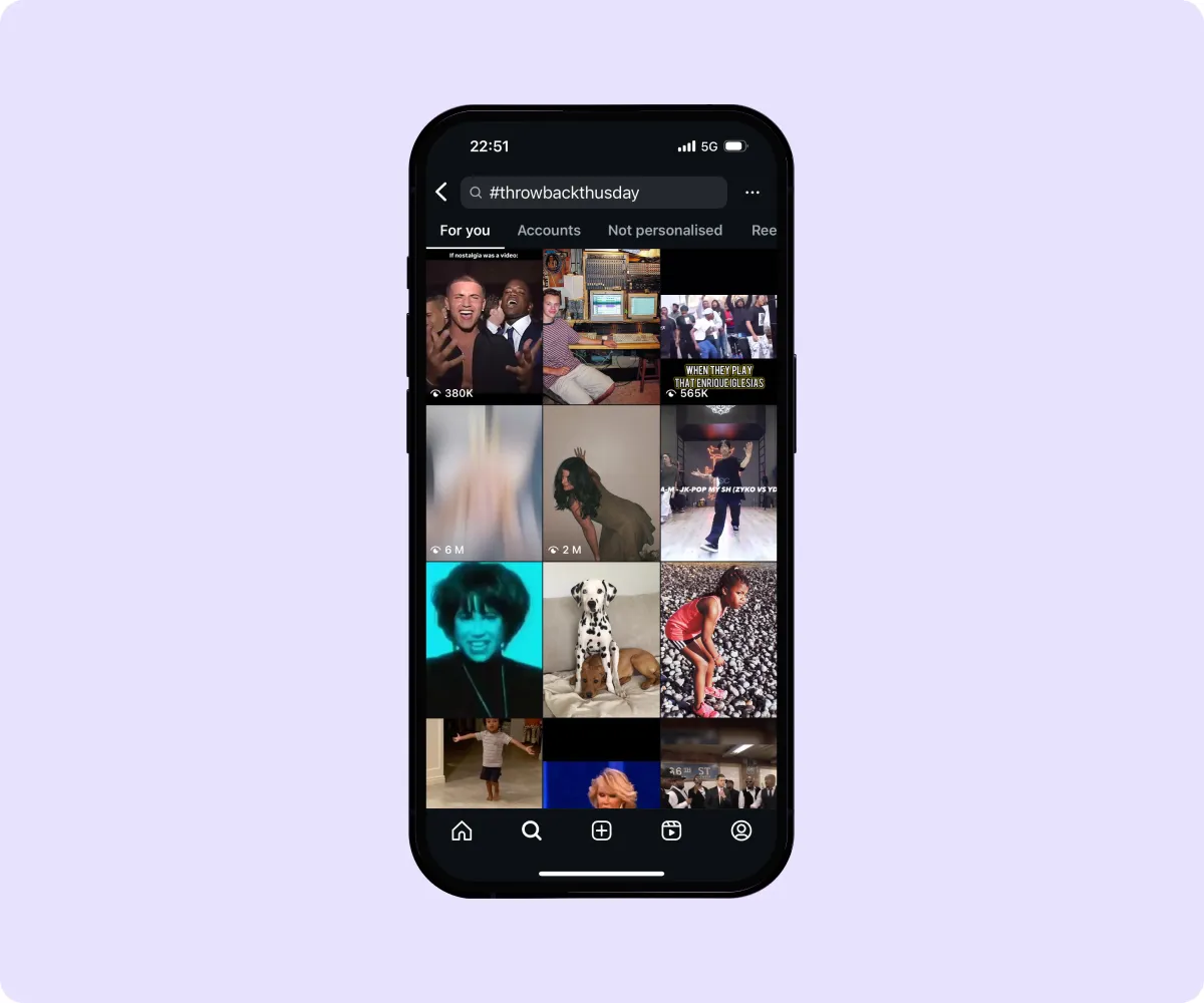A #throwbackthursday search on Instagram with more than 55,00,000 posts.