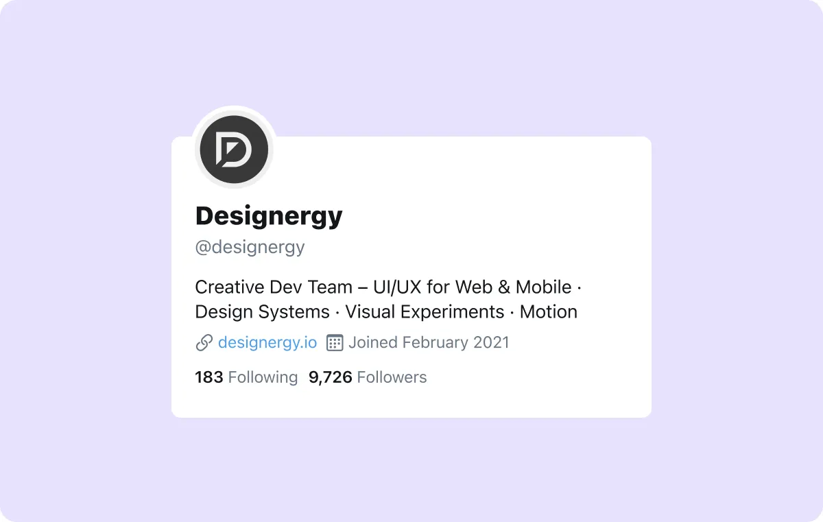 An X profile for a creative development team. The X username is designergy. 