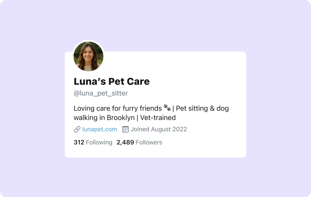 An X profile for an animal caretaker called "luna_pet_sitter"