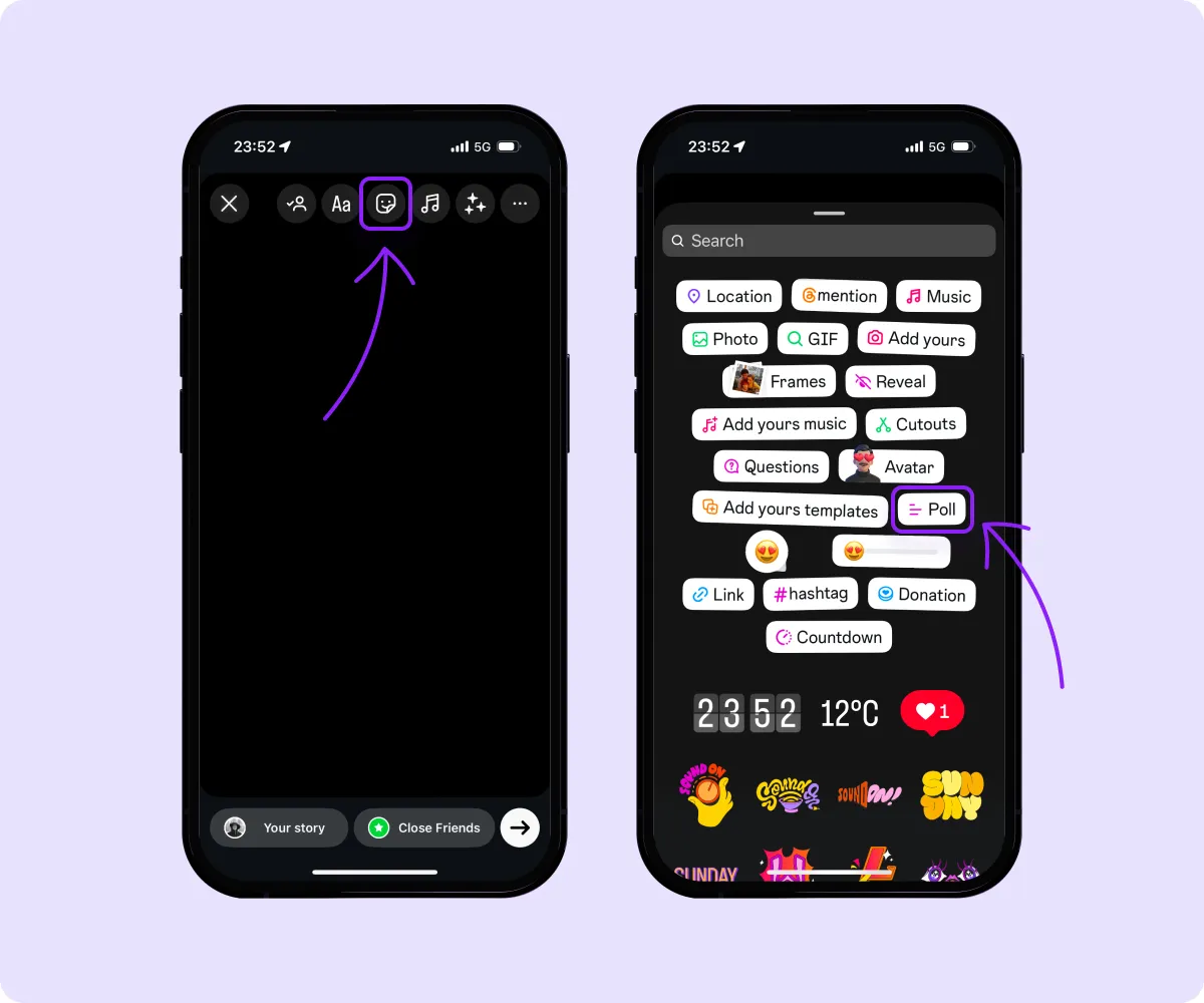 An image of an Instagram Story creation screen with an arrow pointing to the sticker icon for adding interactive elements.‍
