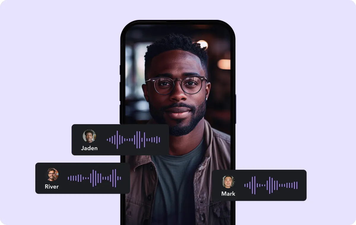 A mobile showing a video and three voiceover options.