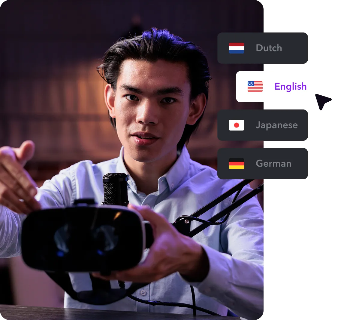 Creator speaking with an overlay depicting different language options.