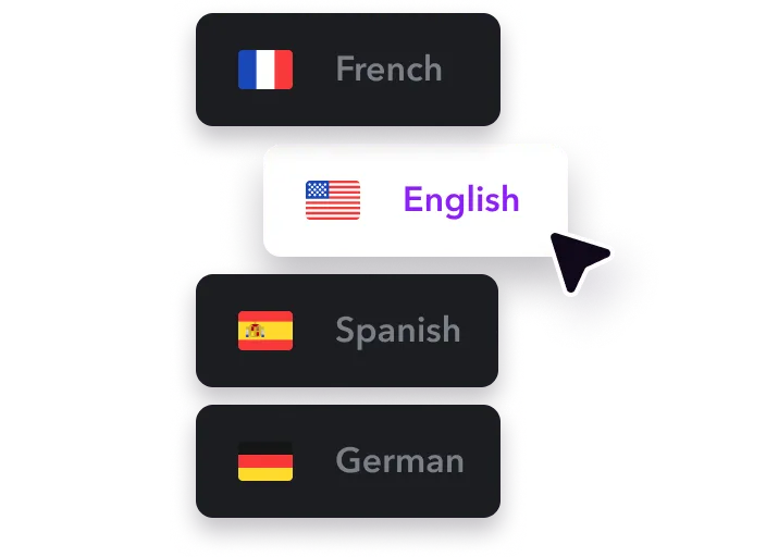 Three boxes with French, Spanish, and English written inside with audio waves shown above.