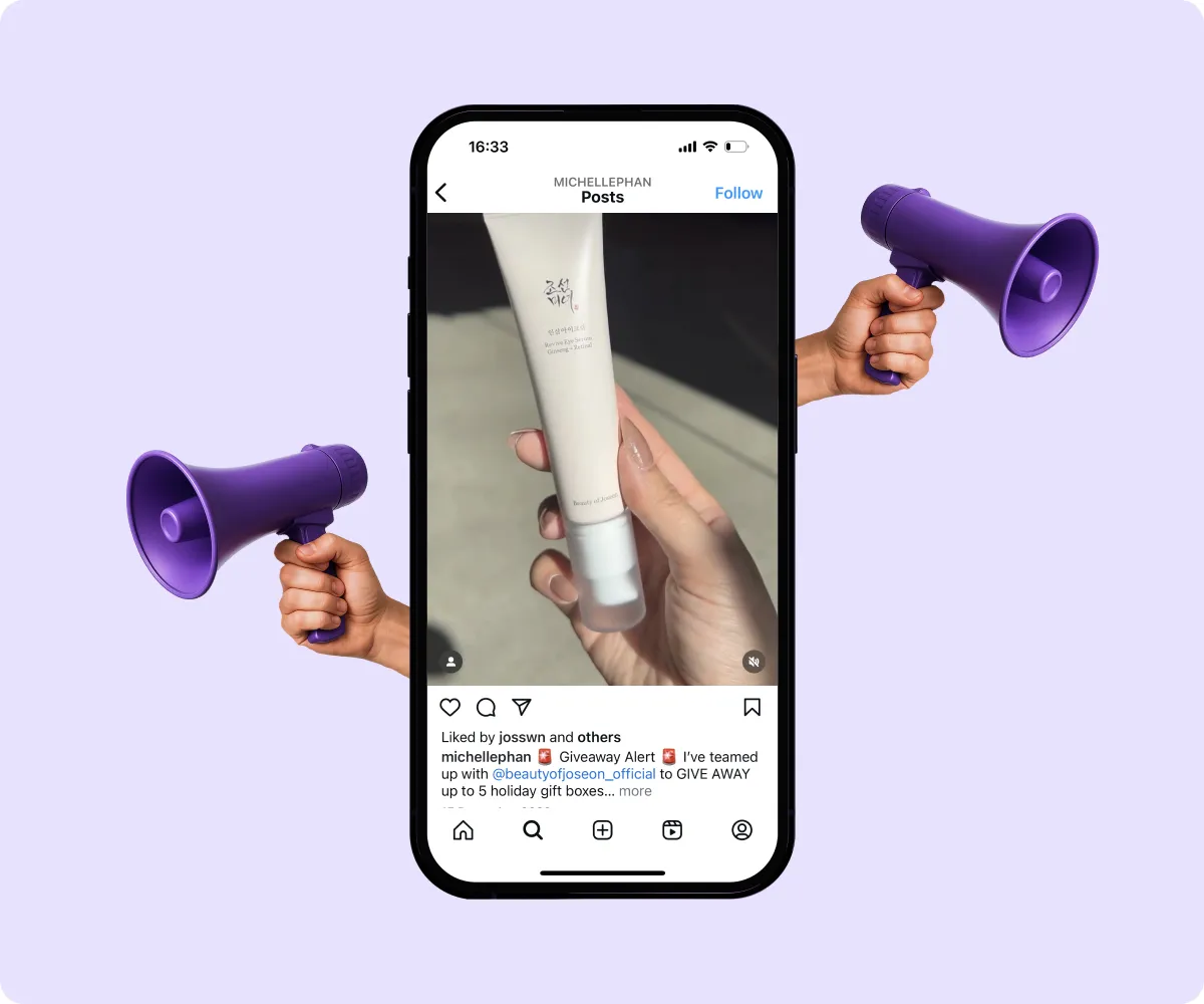 An illustration of a phone with a screenshot of a giveaway and two hands holding megaphones.