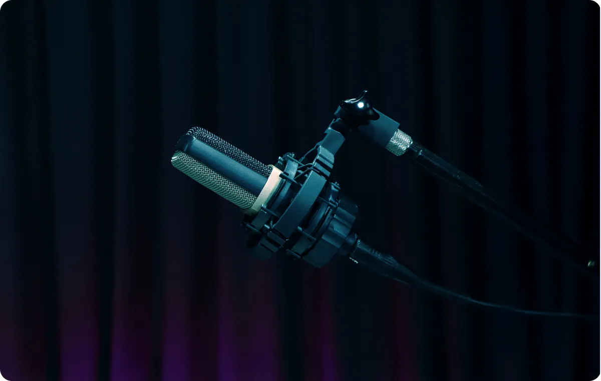 Dynamic microphone with a foam windscreen, commonly used for podcasting, broadcasting, and vocal recording.