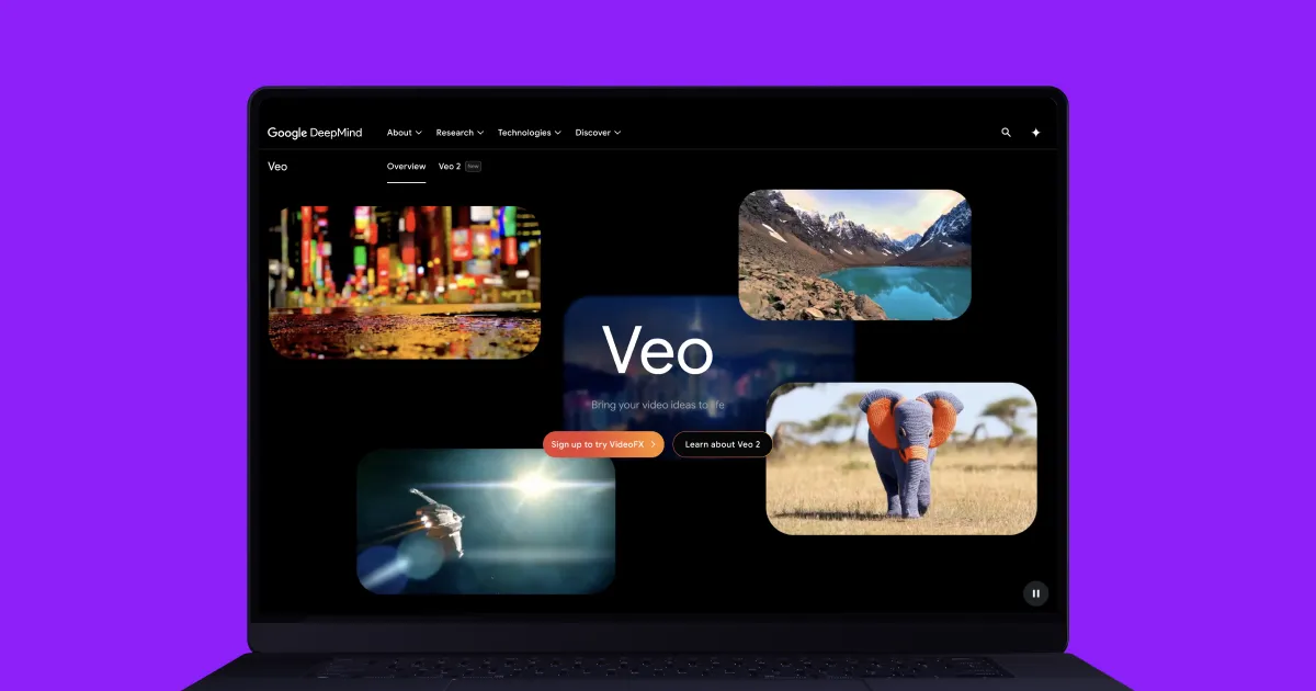 A laptop with Google Veo Generator on the screen and four images on the corners.