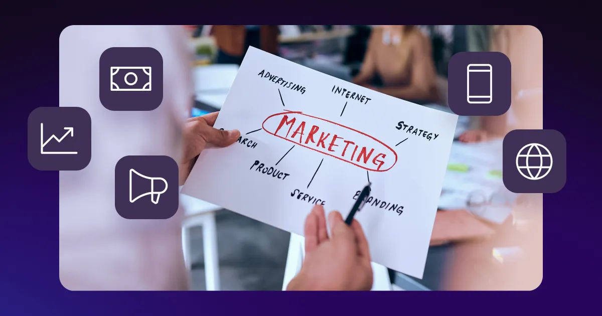 Illustration of organic marketing with digital marketing icons, graphs, and engagement symbols on a yellow background.