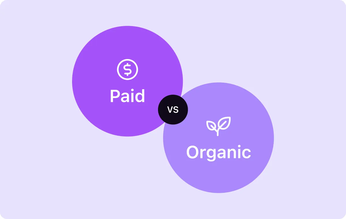 Comparison graphic of paid vs. organic marketing with icons representing money and growth.