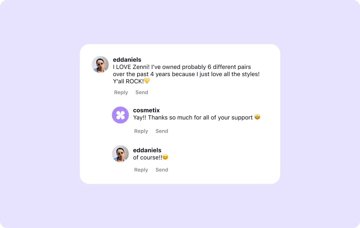A screenshot of a user’s comment on Zenni Optical’s Instagram and a response from the brand.