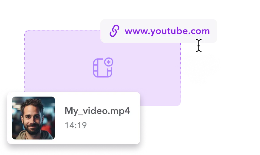 A screenshot of Caption’s Highlight Video Maker with an uploaded MP4 video and a YouTube link above.