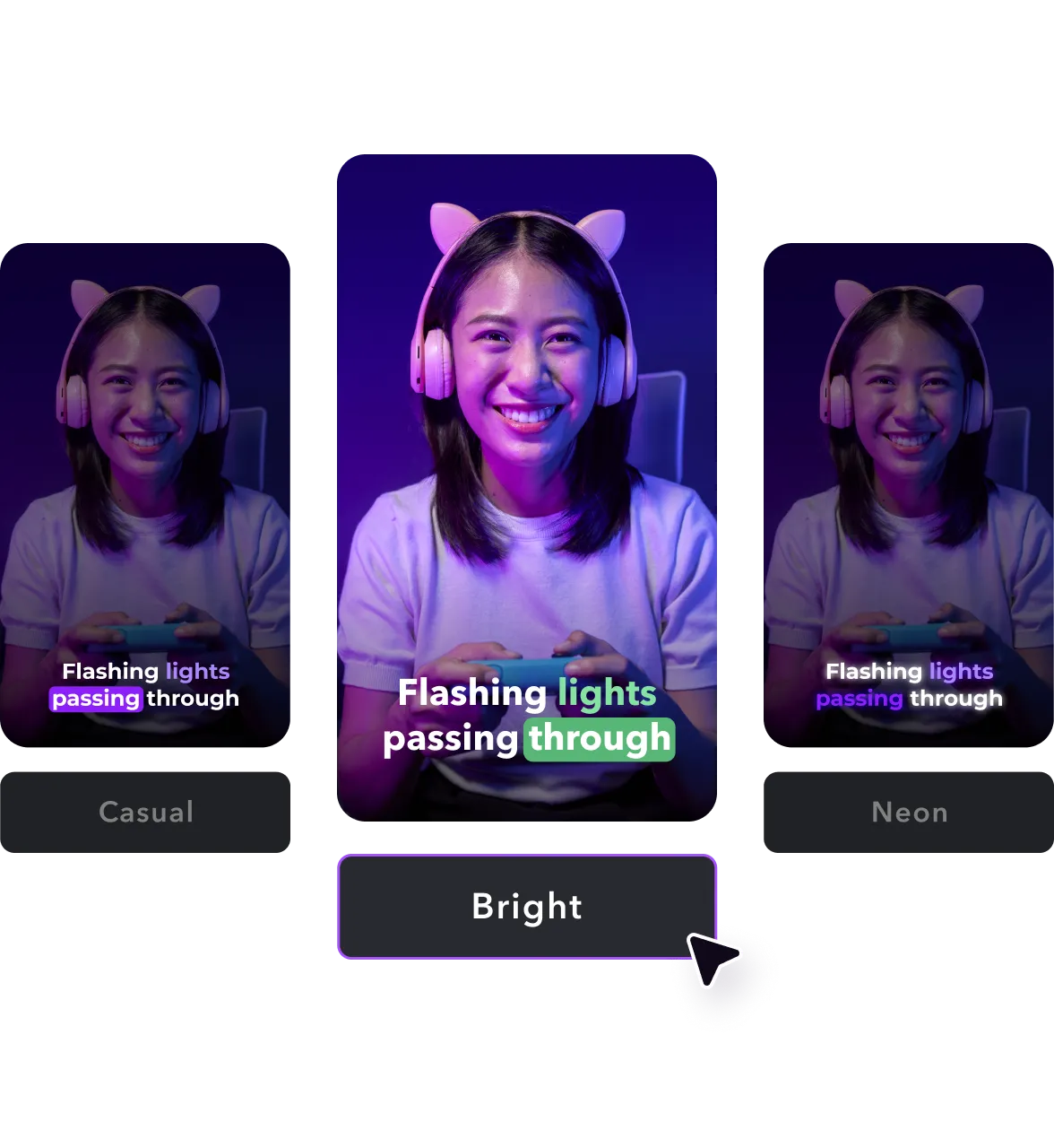 Various short-form videos with captions below and a template option.