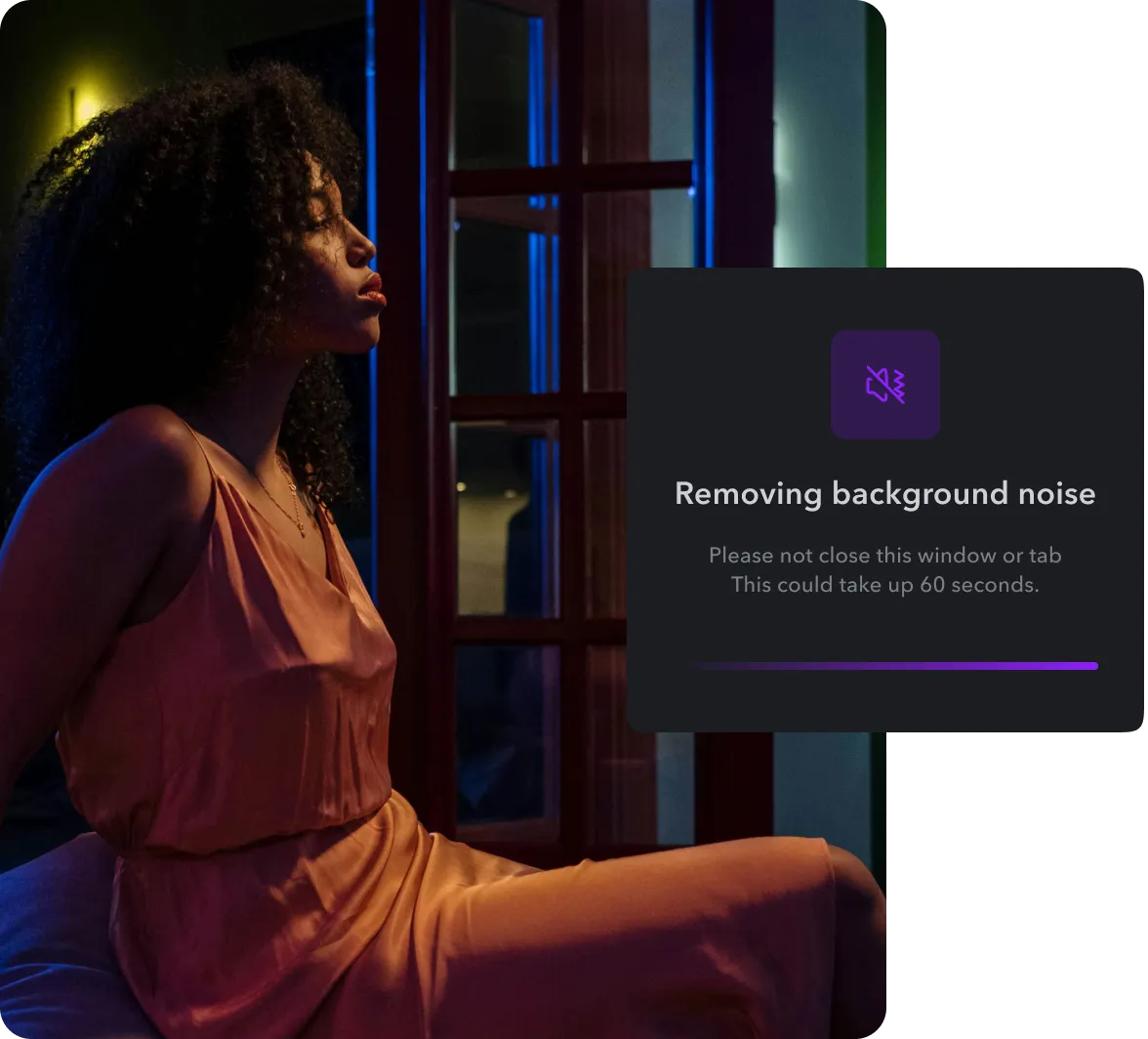 A video with a button indicating background noise being removed. 