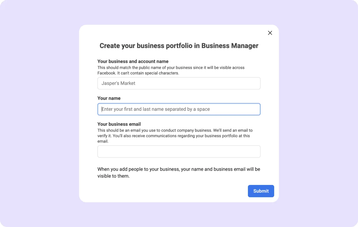 A screenshot showing where to create a “Business Manager” account. 