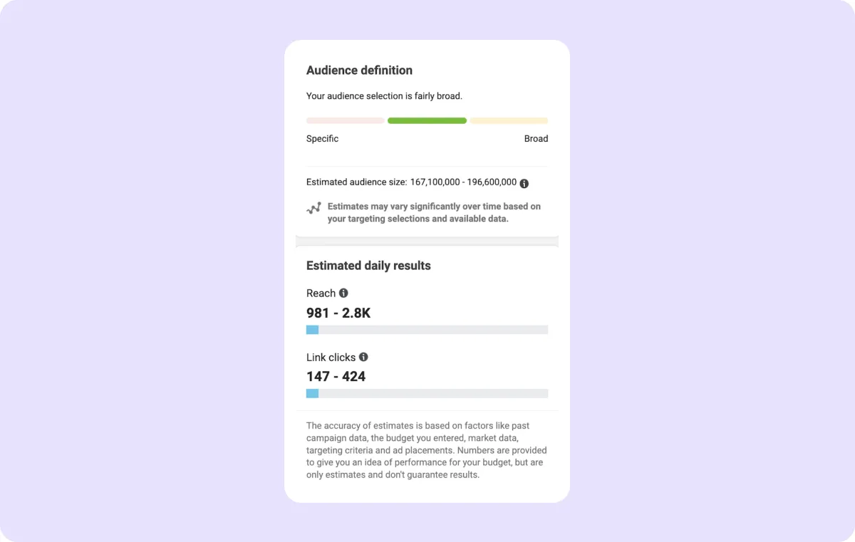 Screenshot of the “Audience definition” section in the Facebook Ads campaign setup.