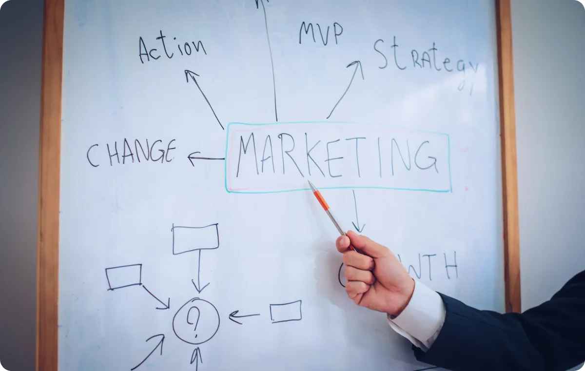 A hand writing marketing concepts on a whiteboard.