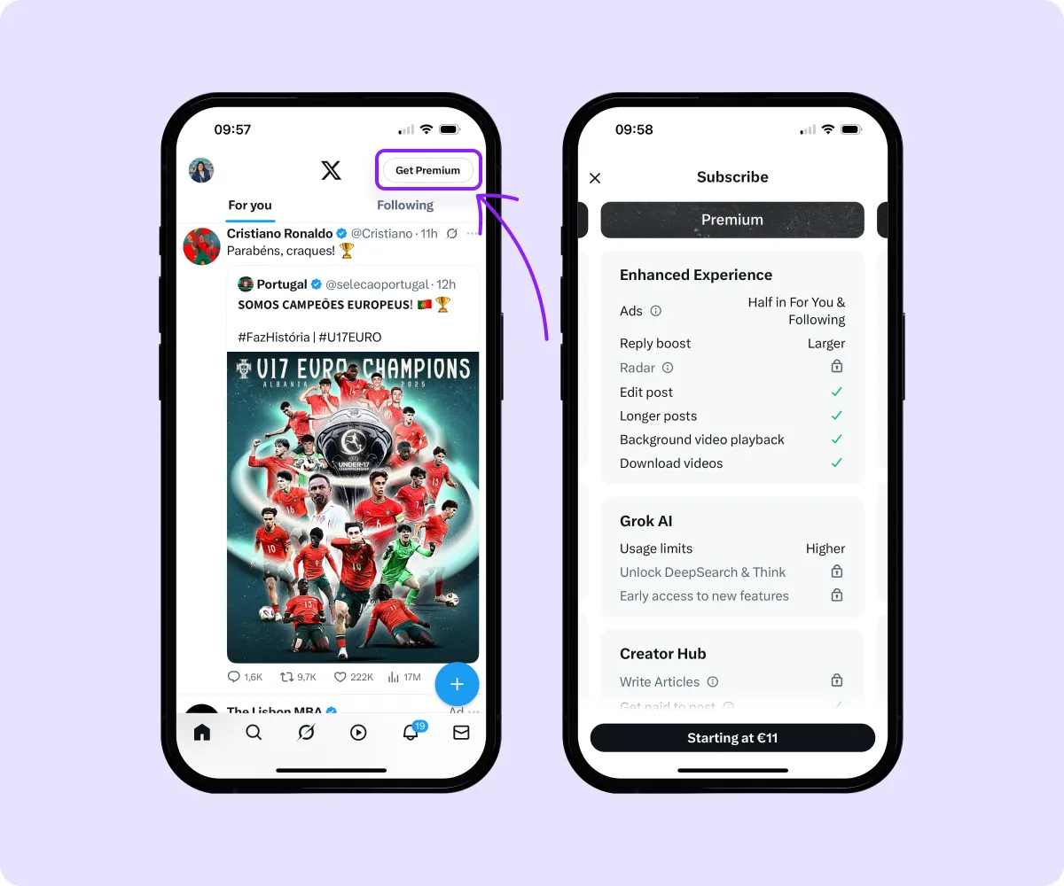 A screenshot guiding how to get a premium X account. 