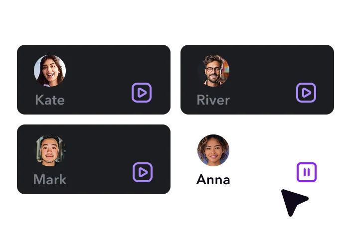 Image of voice selection menu displaying four user profiles with play and pause options.