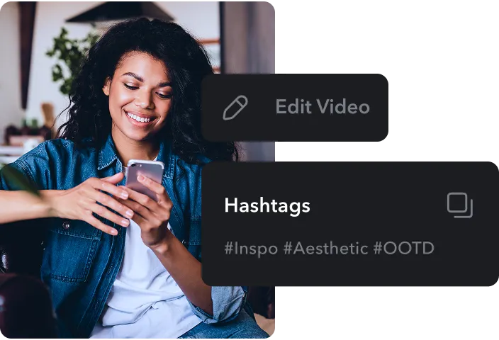 A smiling woman using a smartphone, with video editing and hashtag options pop-ups displayed on the side.