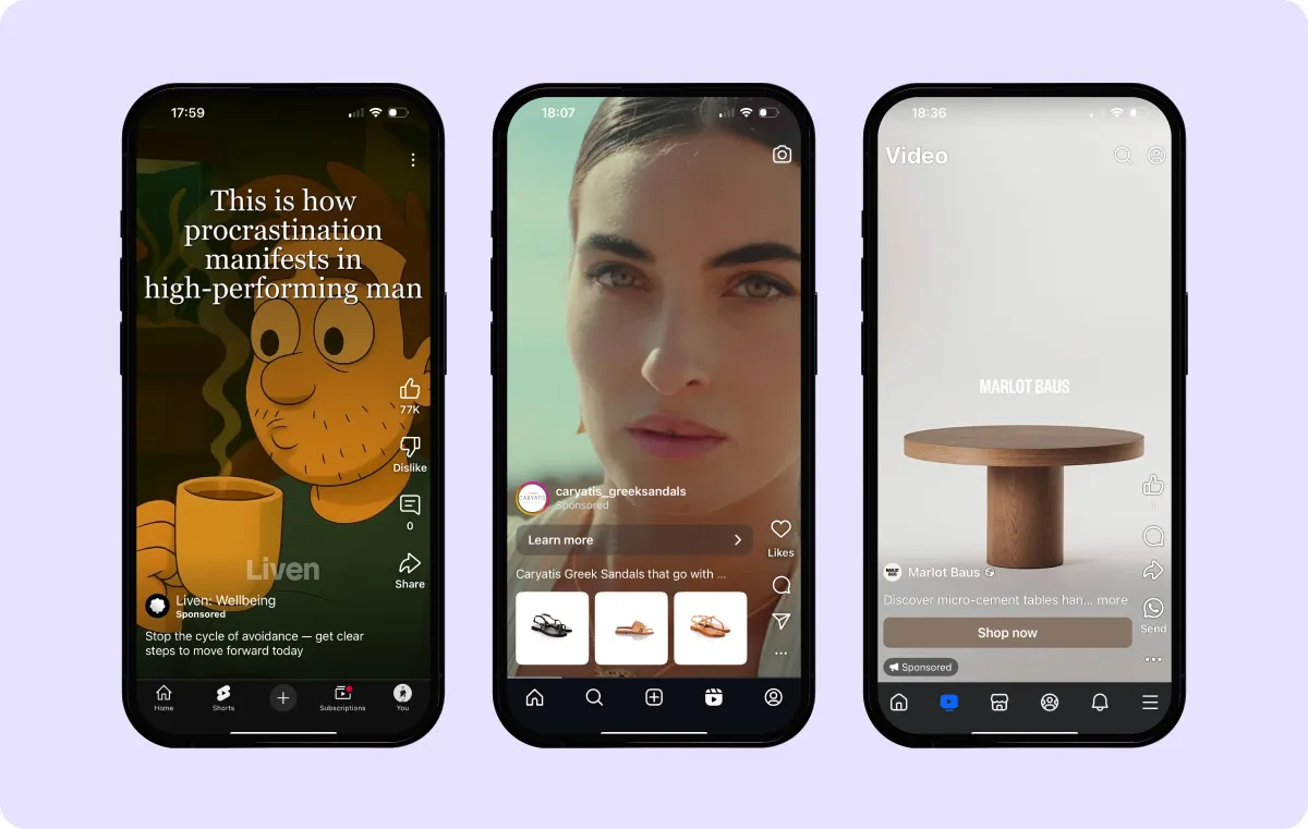 Three videos showcasing a video ad for different short-form platforms.