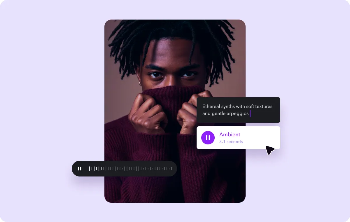 A frame of a creator’s video overlaid by a prompt text box and a cursor hovering a music style.