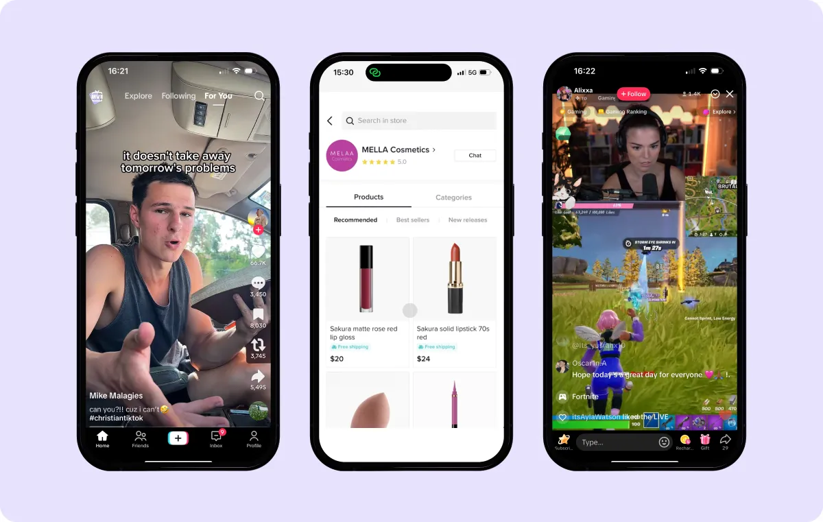 Graphic design featuring three TikTok features: The FYP, TikTok Shop, and TikTok’s livestream. 