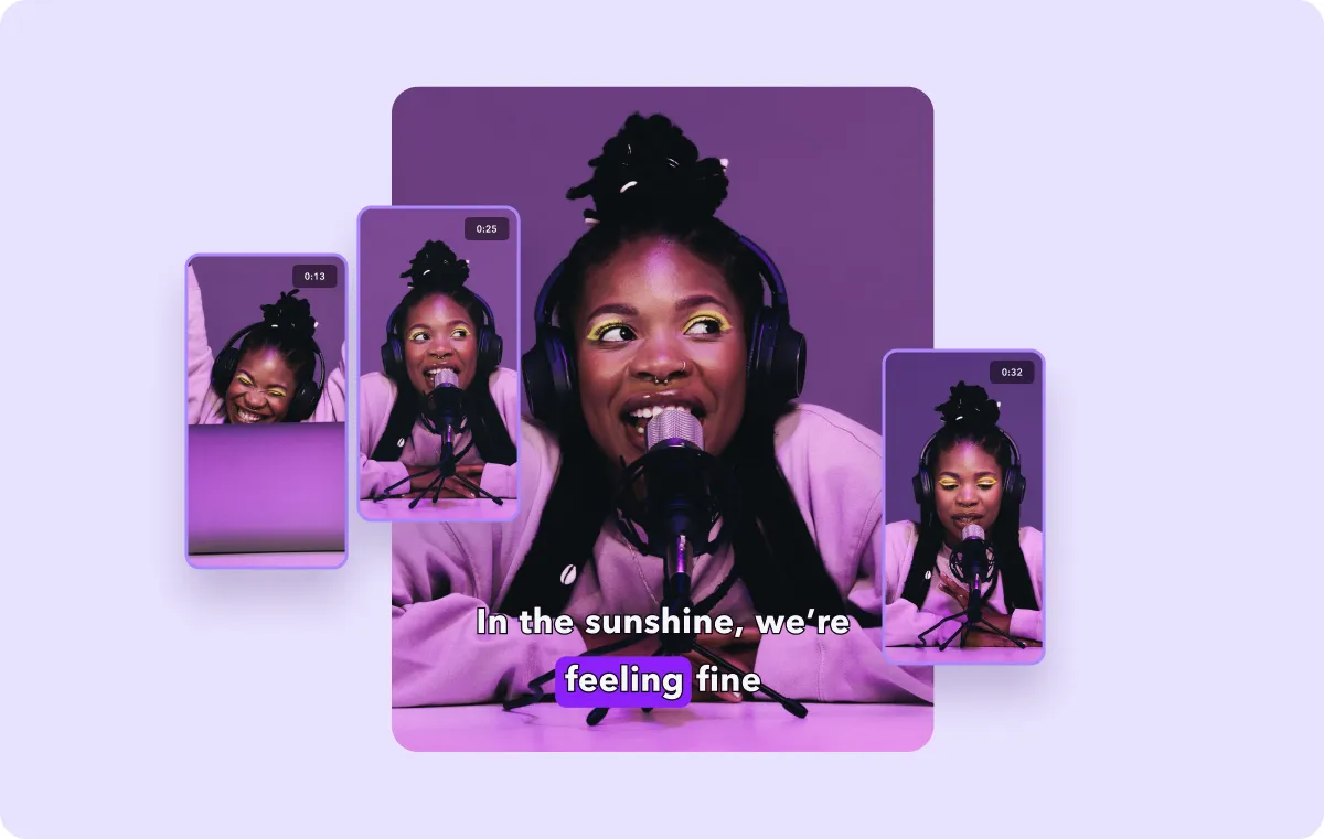 A large video playing in the background with the Captions AI Shorts feature generating short clips.