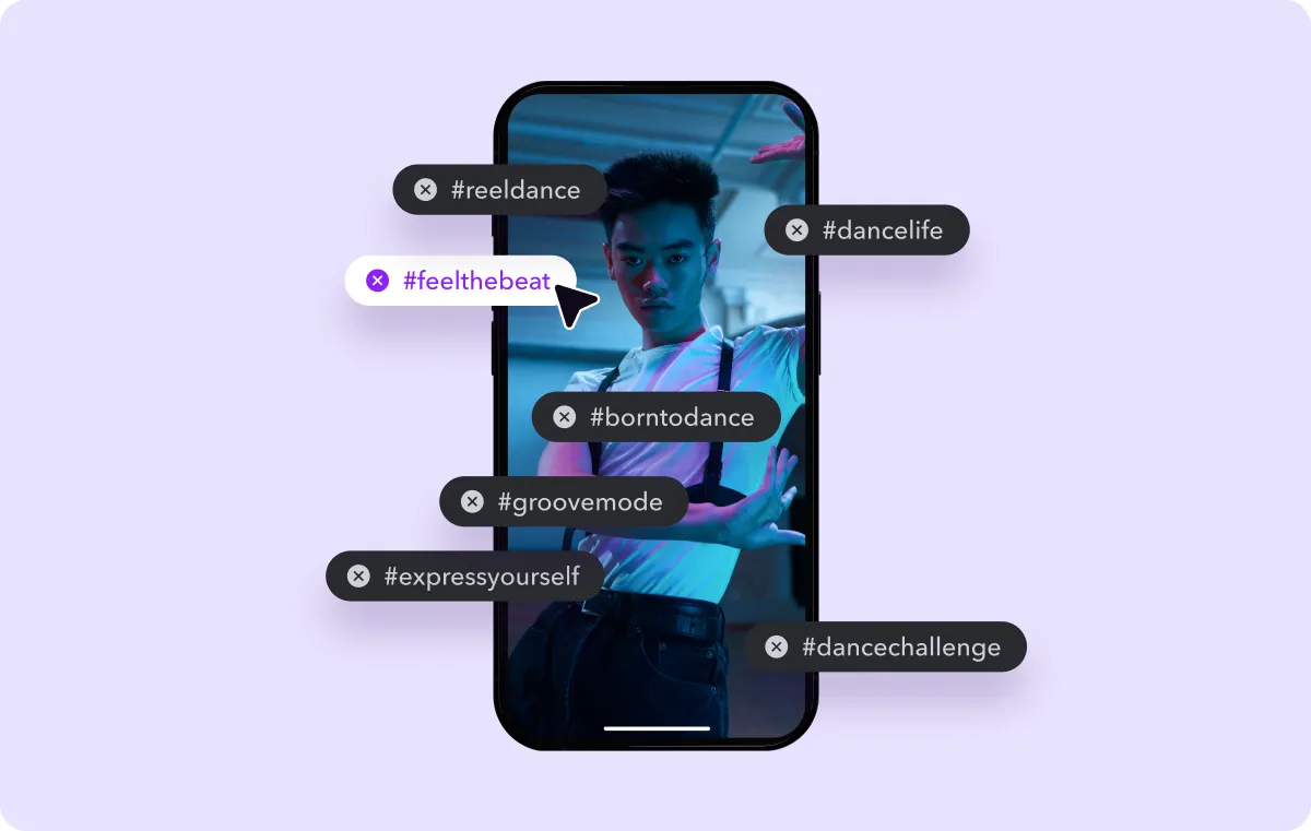 A mobile phone showcasing a video with AI-generated hashtags around it.