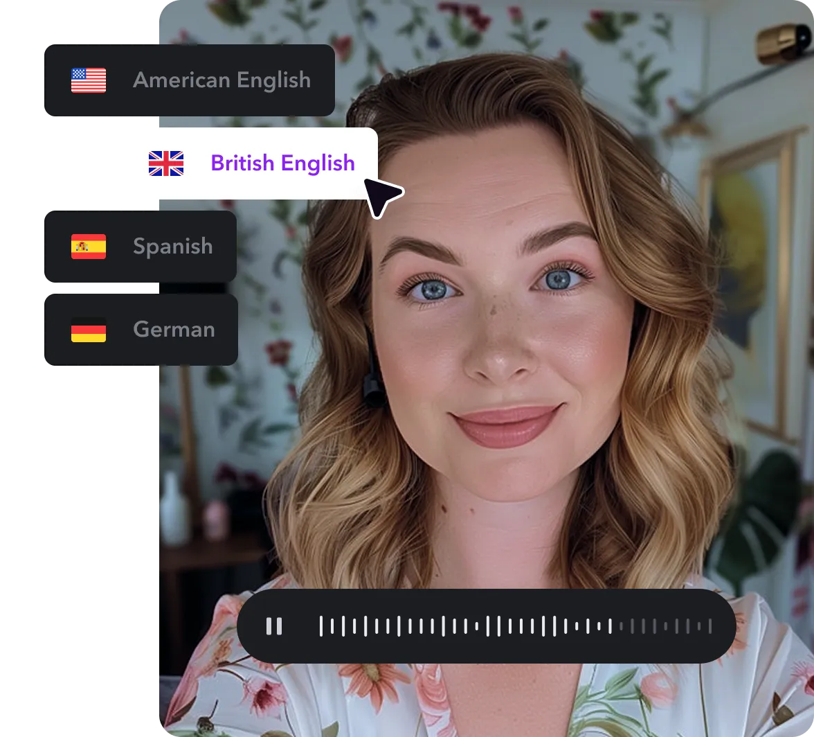 An image of a content creator overlaid by a prompt box with text and an audio waveform.