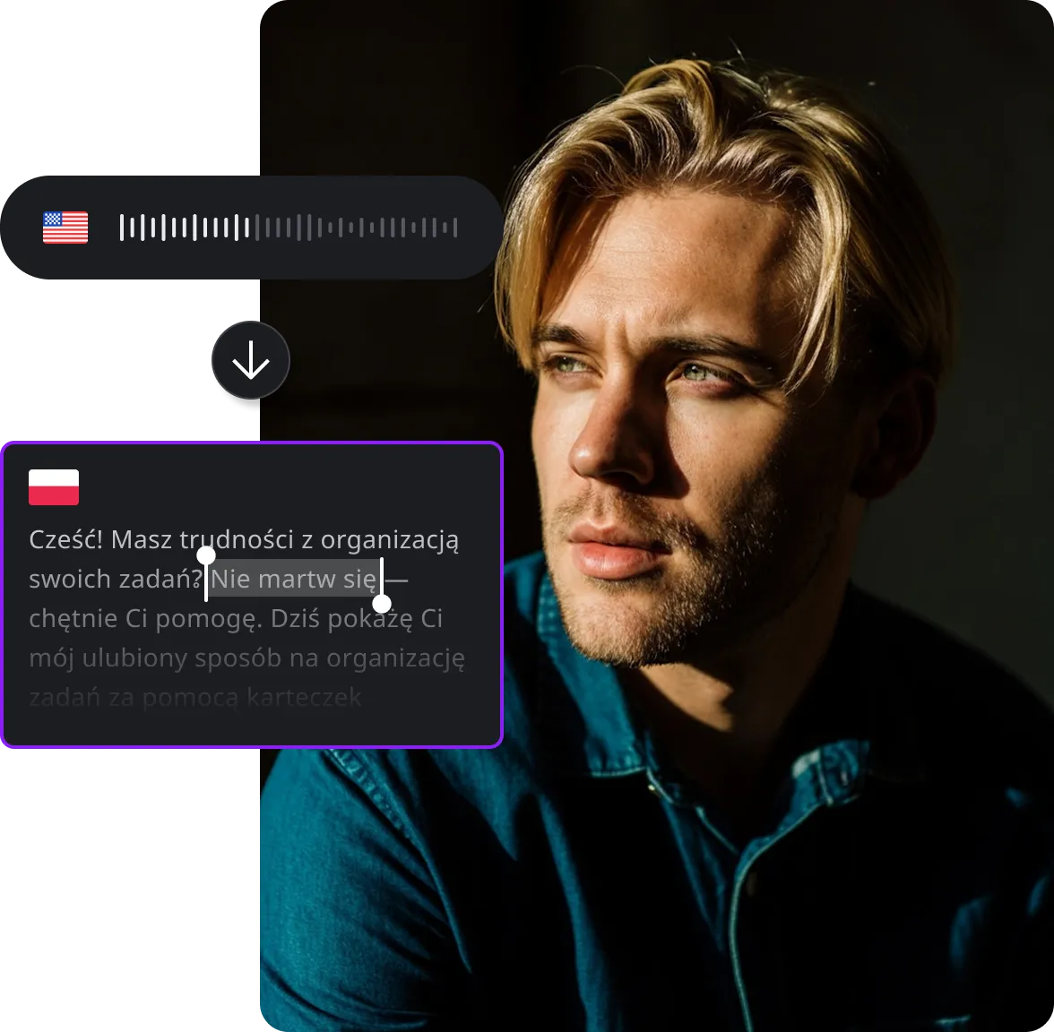 A frame showing a voice translation from English to Polish.