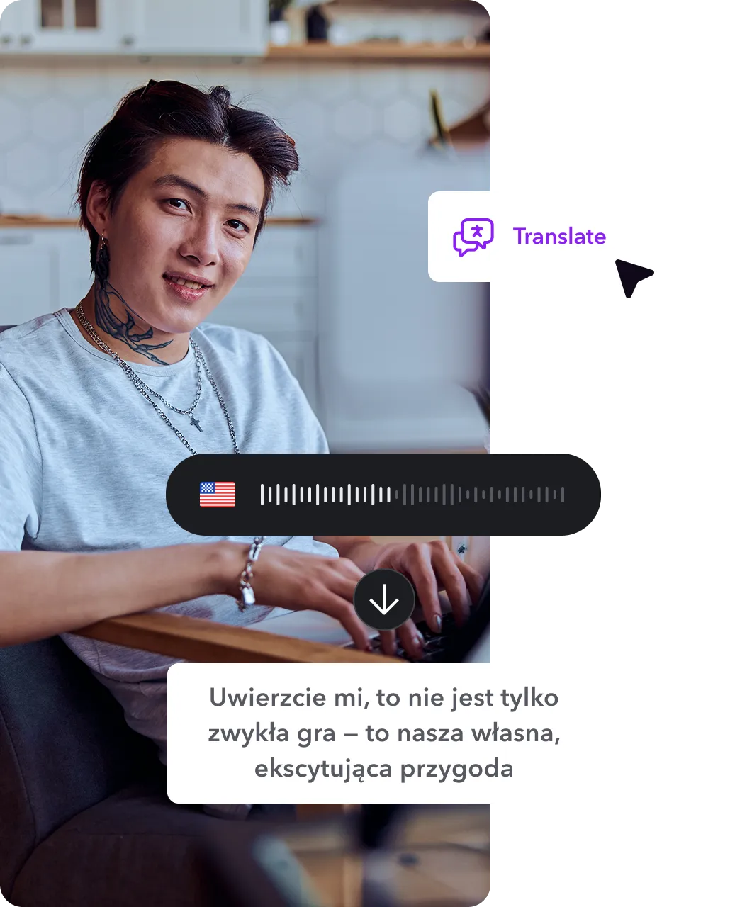 A video frame of a creator talking to the camera, overlaid by a cursor clicking an audio file.
