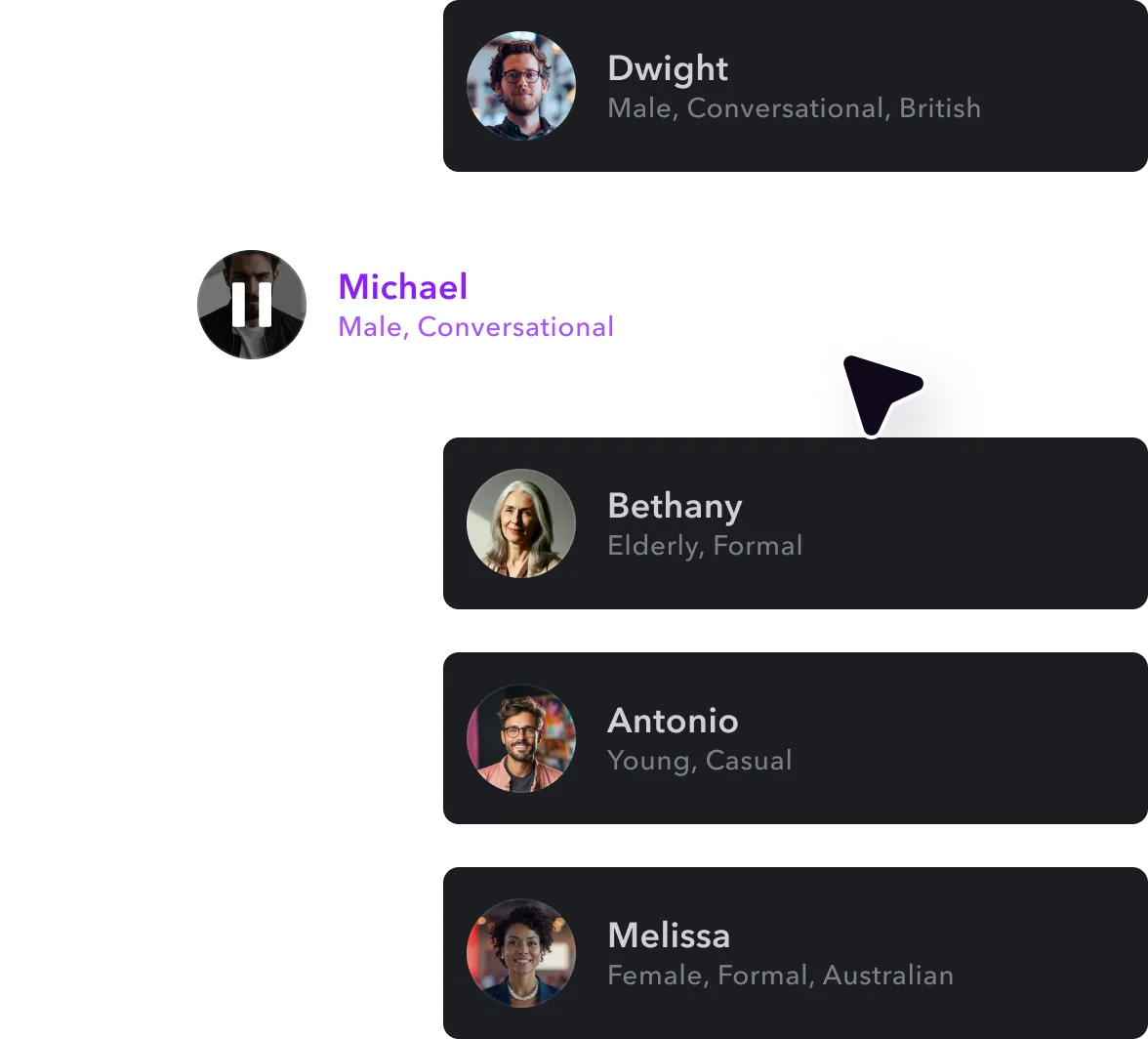 Cursor hovering over one of the many AI voices.