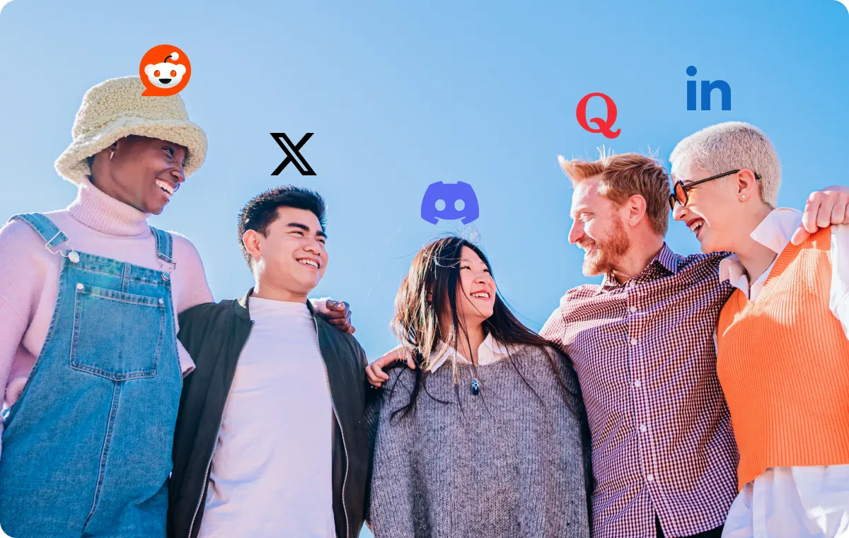 An image featuring various content creators holding signs displaying social media forum logos. 