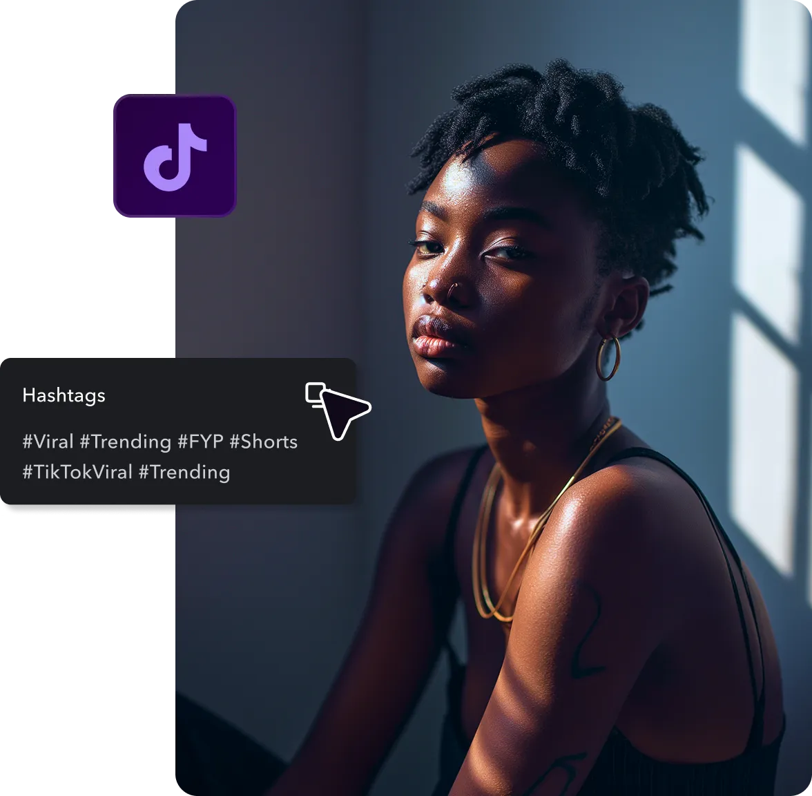 Mulher com sugestões de hashtags exibidas.
