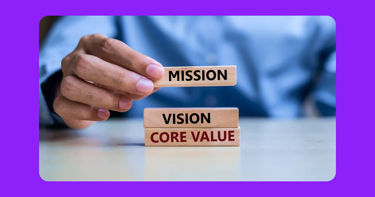 Street signs with the text, values, mission, and vision. 