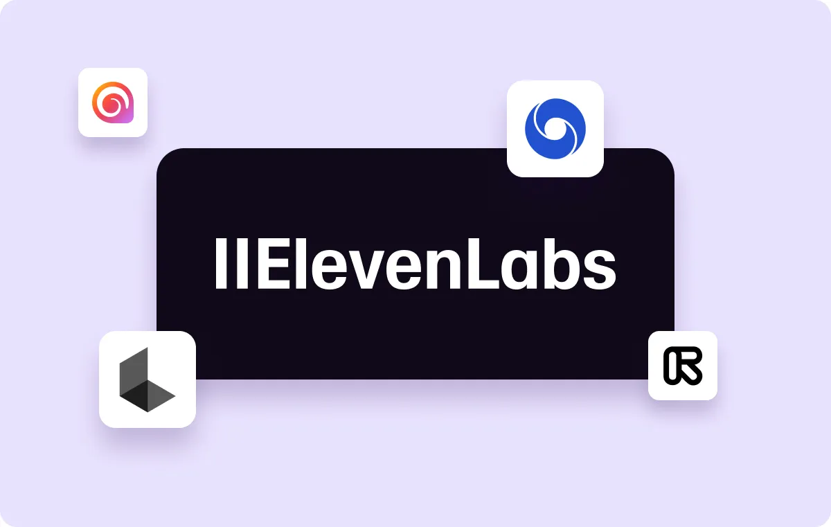 ElevenLabs logo with surrounding logos of various AI tools.